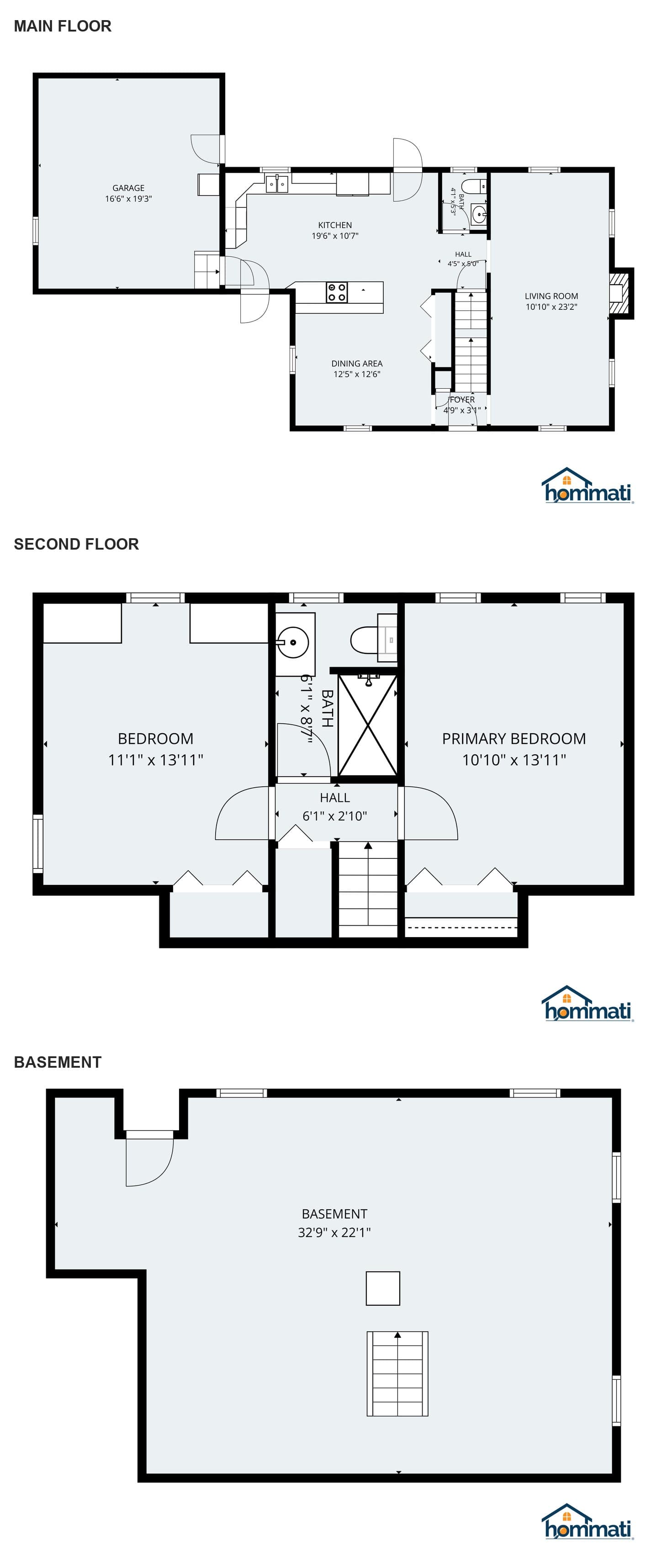 Floor plans for all three levels with room dimensions